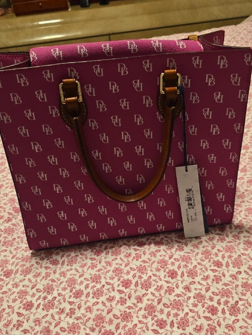 Dooney & Bourke Fuchsia DB Logo Tote with Brown Trim JANINE